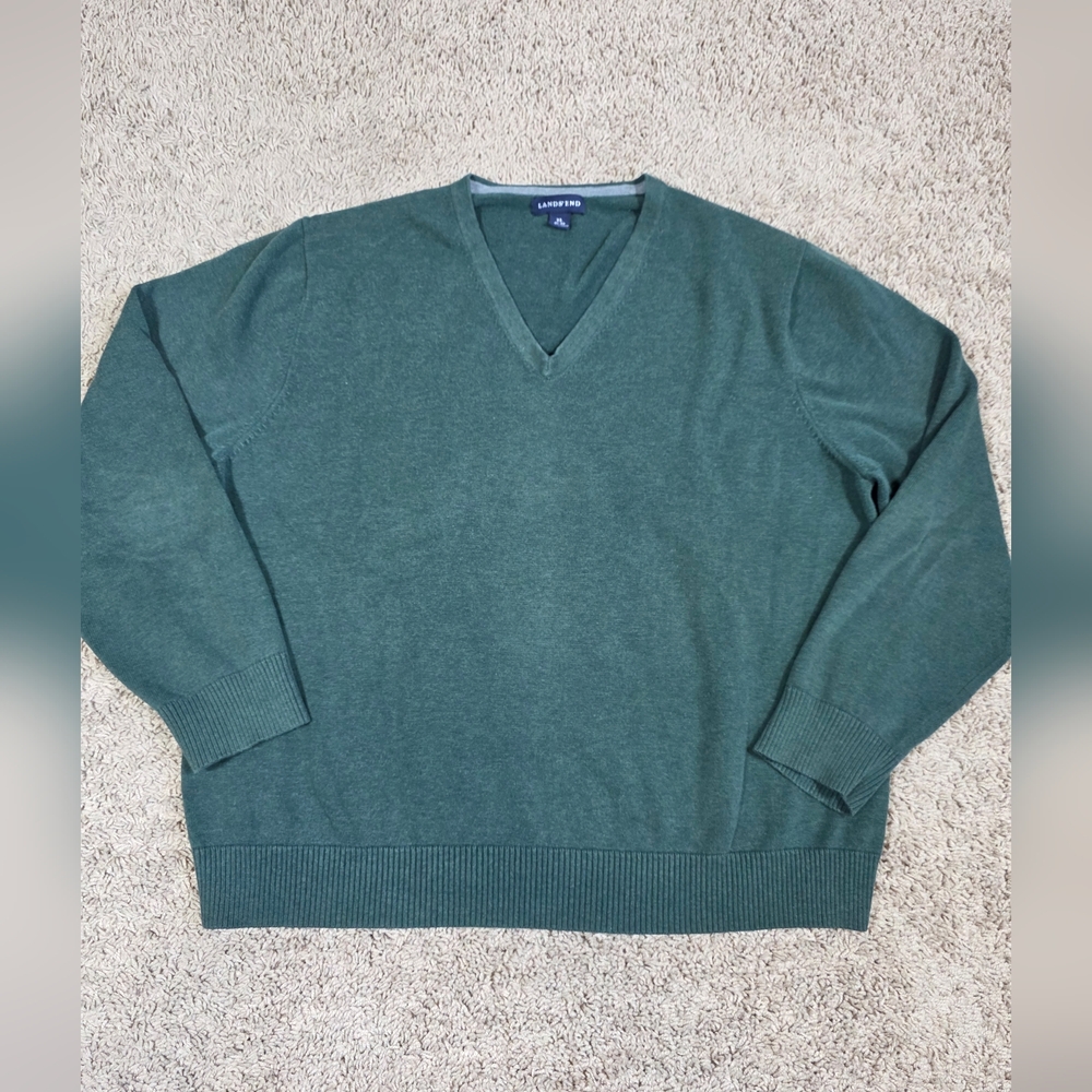 Lands' End Men's Green 100% Cotton V-Neck Sweater Size XL 46-48